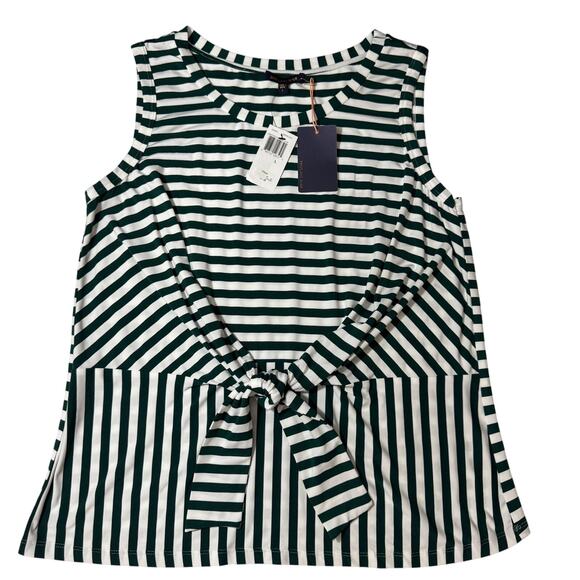 NWT SKIES ARE BLUE Top L Green White Stripe Sleeveless Tie Waist Soft Knit - Picture 1 of 7